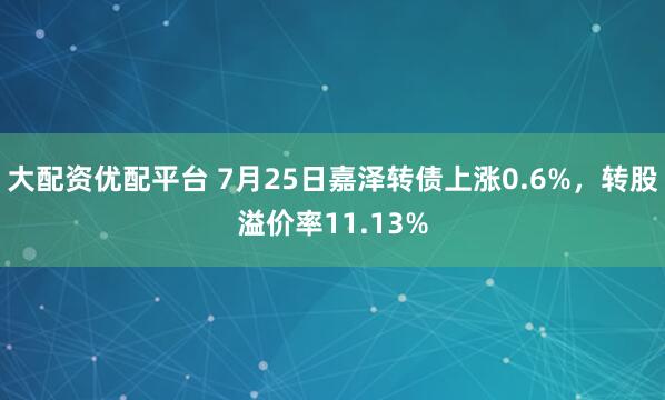 大配资优配平台 7月25日嘉泽转债上涨0.6%，转股溢价率11.13%